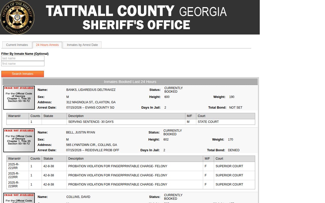 Tattnall County Inmates Booked Last 24 Hours page