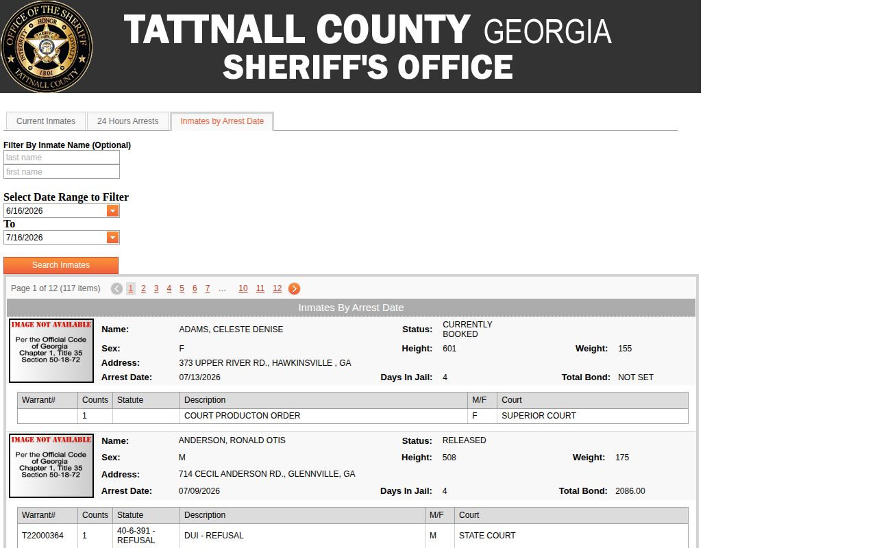 Tattnall County inmates by arrest date search
