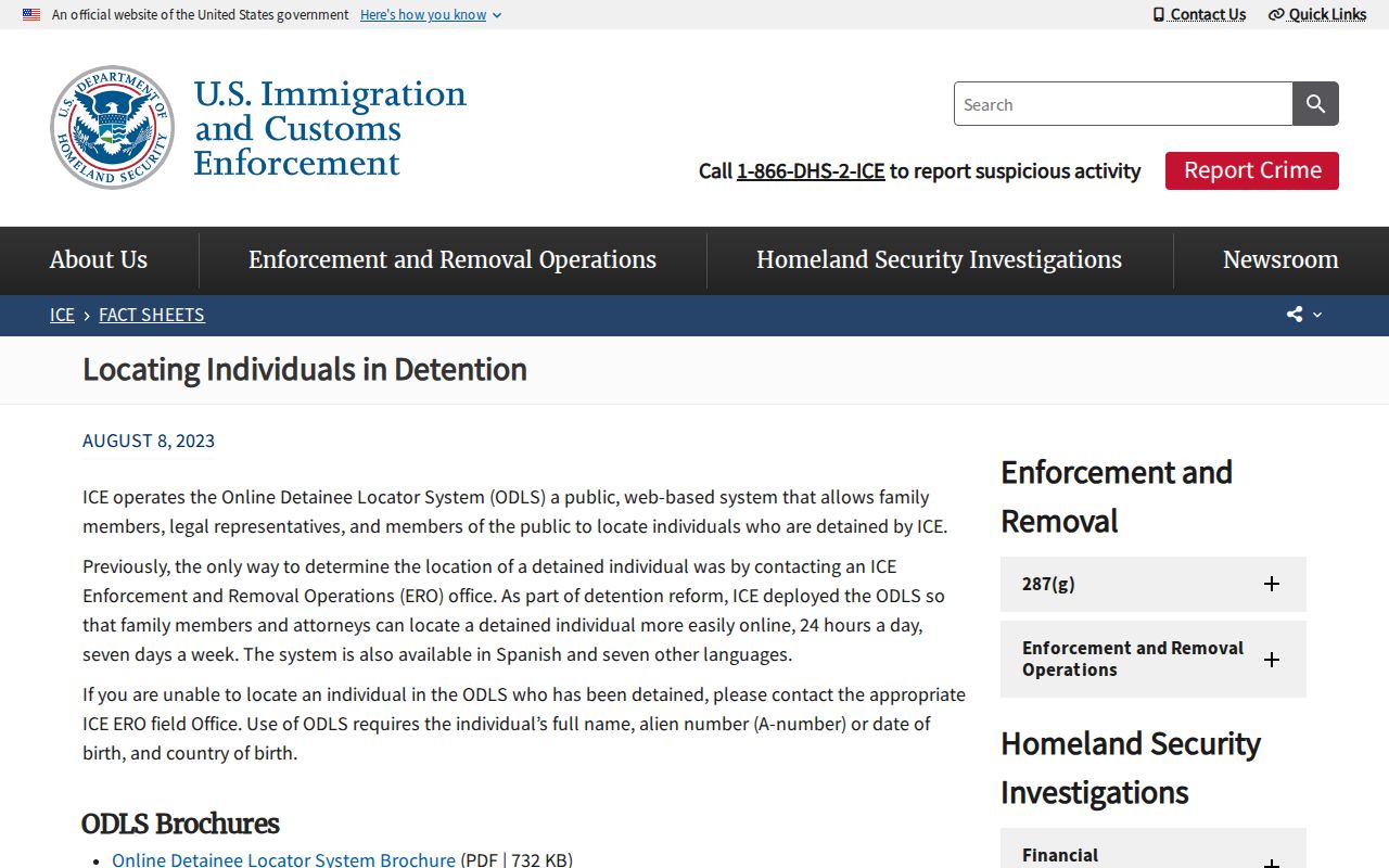 ICE fact sheet for locating people in detention