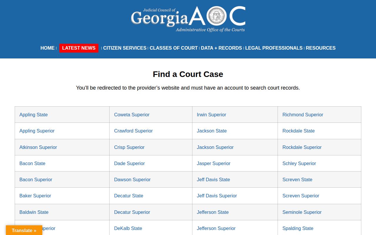 Georgia Courts electronic court records access page